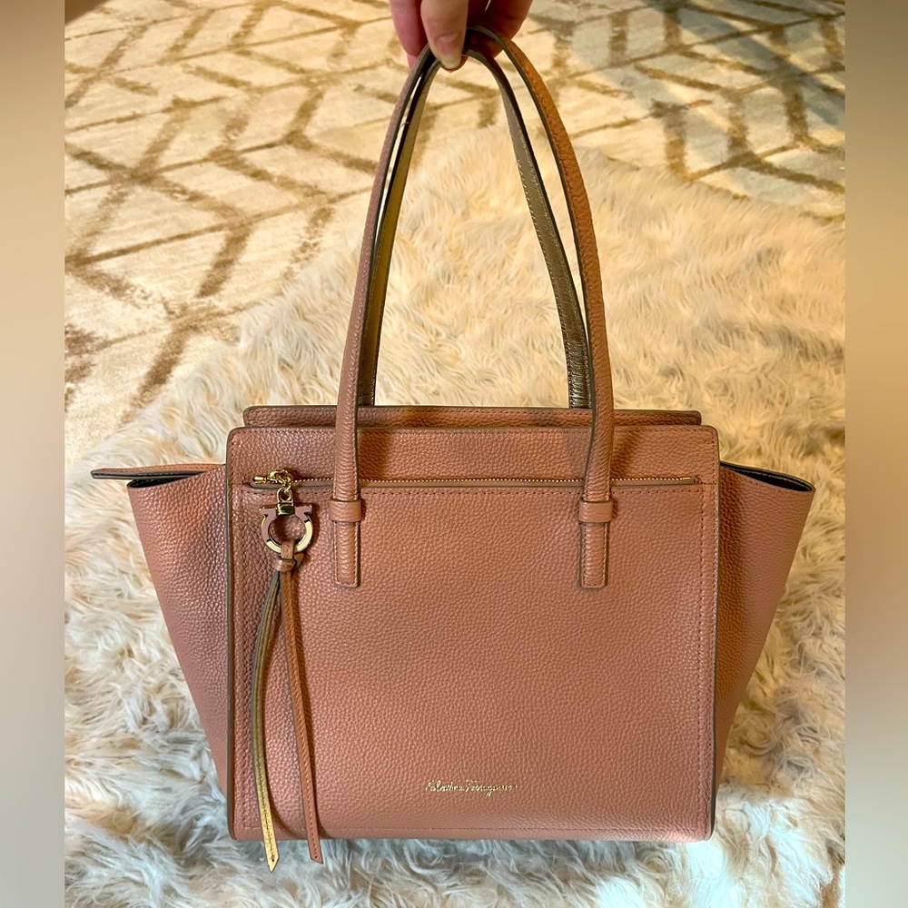 Salvator Ferragamo Hammered Calfskin Double Handle Medium Amy Tote Beige Pink
